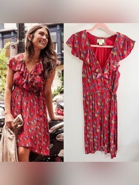 Anthropologie MAEVE Red Ditsy Floral Wrap Dress